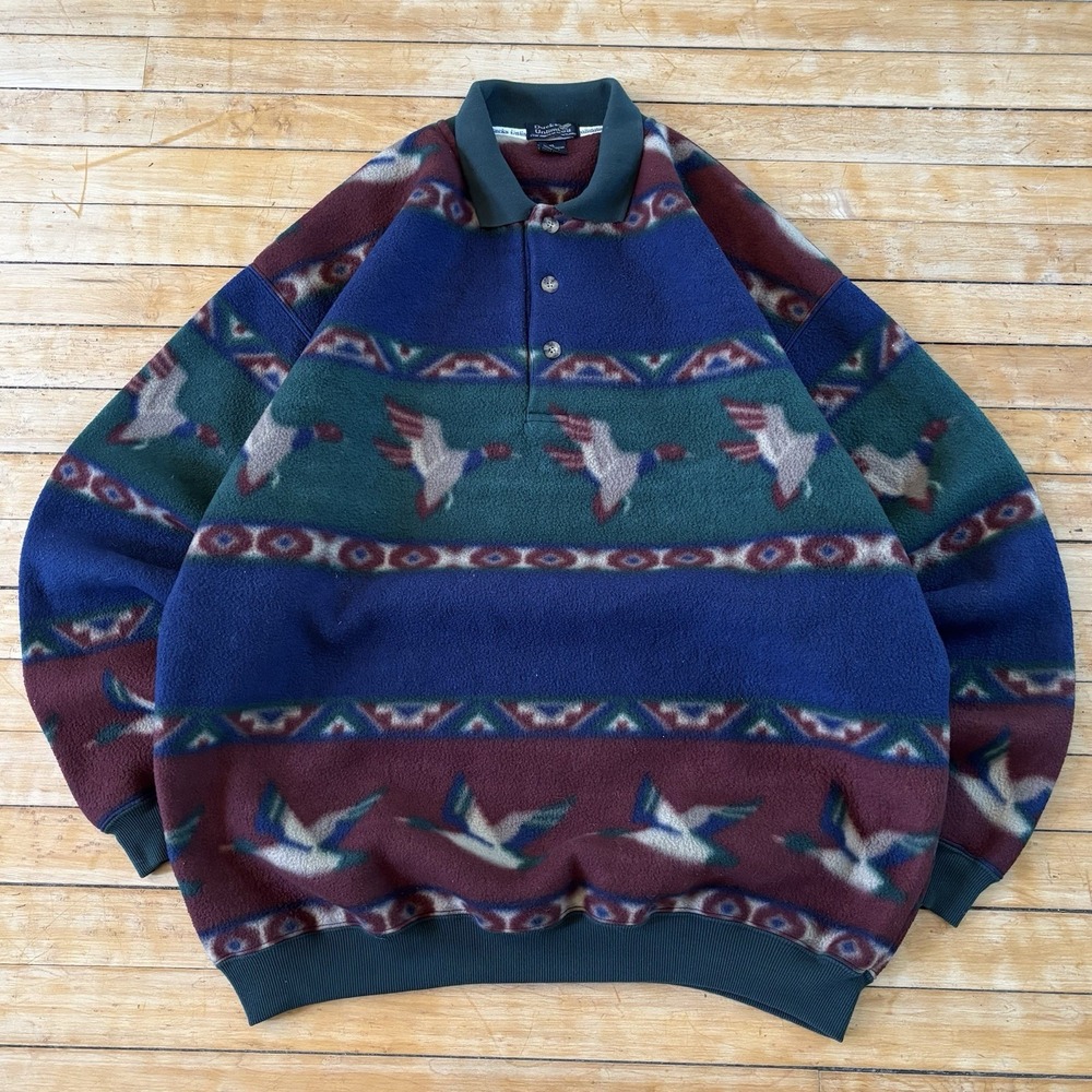 VTG 90s Ducks Unlimited Collared Fleece Pullover Mens XL Aztec Preppy AOP RARE
